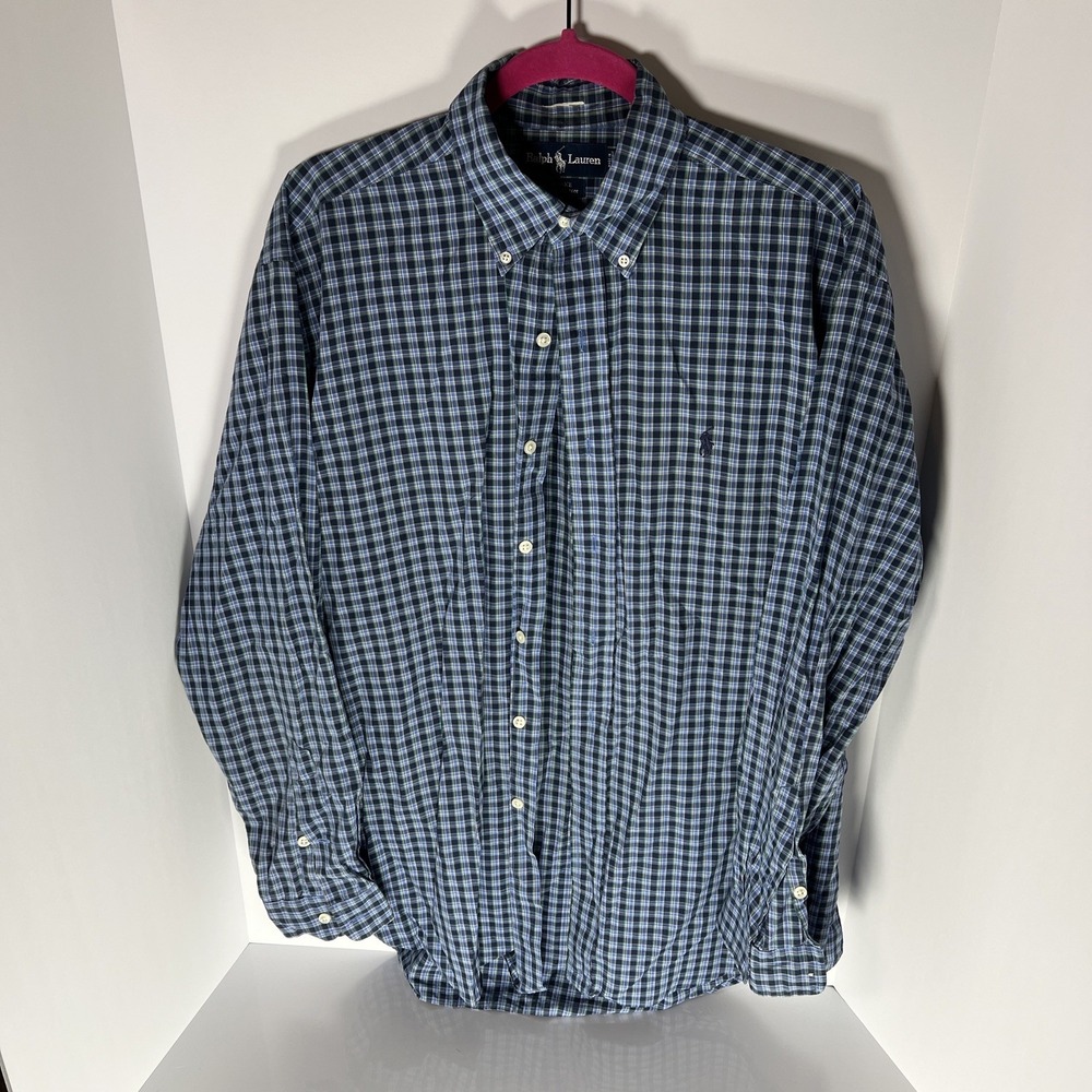 Polo Ralph Lauren Men's Blake Navy Blue Gray Plaid Long Sleeve Dress Shirt M